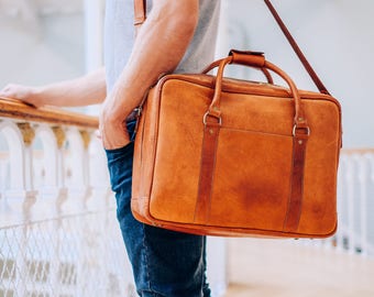 Leather Briefcase, Soft Business Bag, Cognac Laptop Bag, Leather Satchel, Messenger Bag, Small Duffle, 15 inch Mac, Full Grain Leather