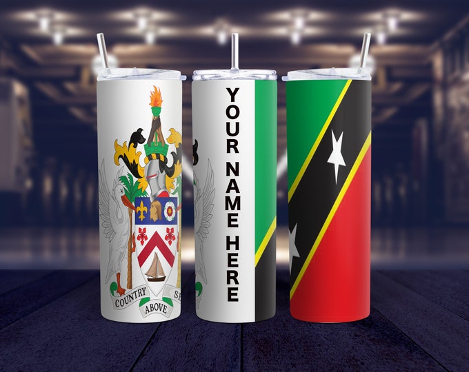 Custom Name St. Christopher (St. Kitts) & Nevis Coat of Arms and Flag Tumbler