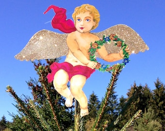 GOLD: Glitter Cherub Personalized Angel  (multi-use 10''x 12'' DIY customize) Great for baby's 1st Christmas Tree Topper (Light Skin Angel)