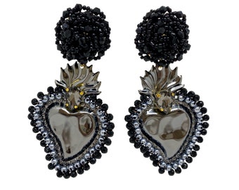 Sacred heart earrings, votive heart, Italian baroque, sacred, white boho, sacred enamel heart, good luck, ex voto earrings