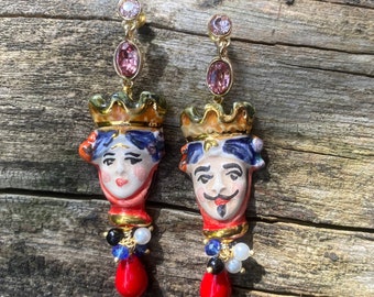 Happy Sicily ceramic, Othello and Desdemona, Italian folk earrings, ceramic earrings, Sicilian earrings, red SICILIAN FOLKLORE