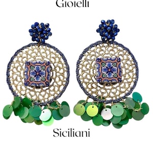 Happy Sicily ceramic, tile earrings, filigree earrings with majolica, Sicilian crochet earrings, souvenir earrings from Sicily