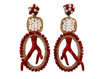 baroque earrings, lovers of creativity, fashionable Italian jewelry, summer earrings with coral, light textile earrings