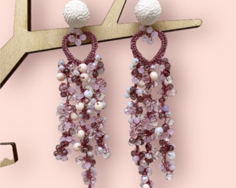 pink and white earrings, cascading drop earrings, jewel wire earrings, fashion, textile jewel, fashion jewellery, Valentine's Day gift