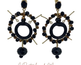 black earrings with onyx, Sicilian mirror earrings, typical Sicilian, gypsy, boho, charming earrings, elegant earrings, design earrings