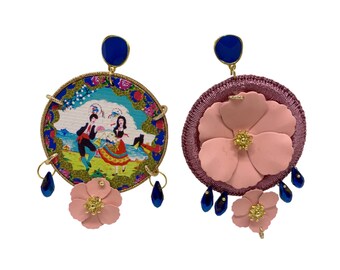 baroque earrings, earrings in blue and pink, charming jewelry, folk earrings, different Sicilian earrings, floral earrings, folk dance