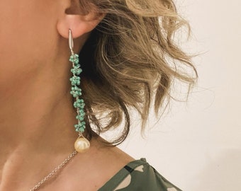textile jewel, dangling earrings, crochet earrings, tiffany green earrings, spring earrings