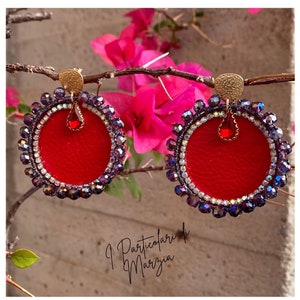 woman in red, leather earrings, charming earrings, red and lilac earrings, unique jewel, handmade, jeweled wire earrings