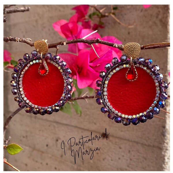 woman in red, leather earrings, charming earrings, red and lilac earrings, unique jewel, handmade, jeweled wire earrings