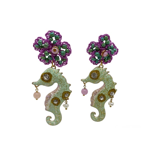 boucles d'oreilles hippocampe, boucles d'oreilles sous la mer, hippocampe, été, boucles charmantes, boucles d'oreilles faites à la main