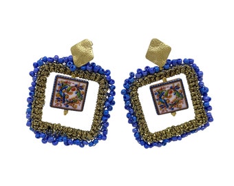 Sicilian earrings in Caltagirone ceramic,square earrings with tile,traditional Sicilian earrings,earrings painted with majolica glassware