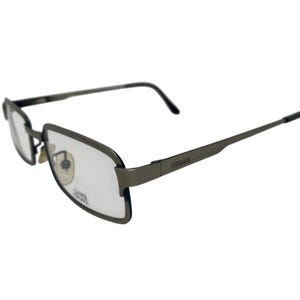 May include: A pair of grey metal spectacles with clear lenses. The brand name "VERSACE" is printed on the side of the frame.