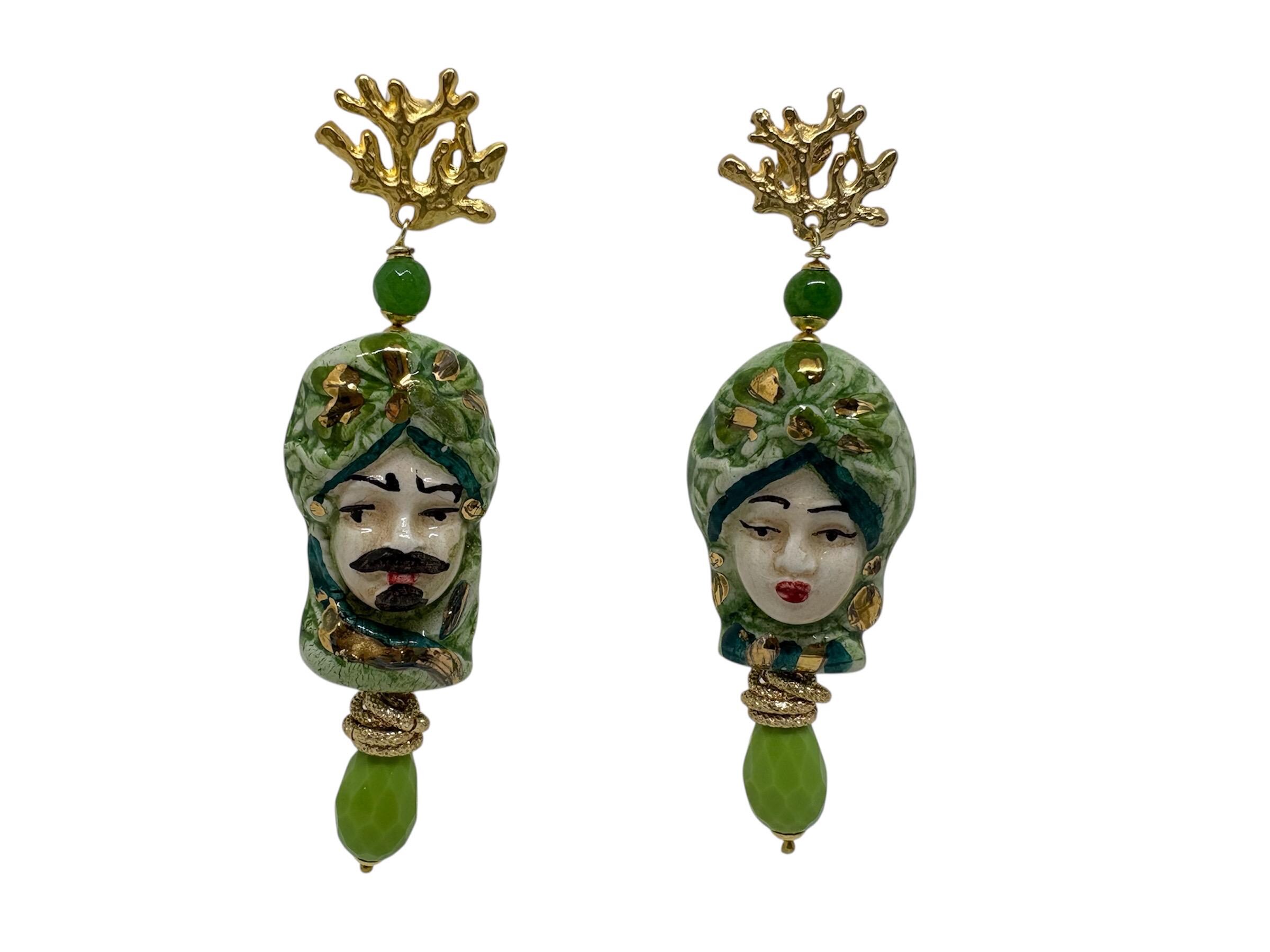 Happy Sicily ceramica, Otello e Desdemona, orecchini popolari italiani, orecchini in ceramica, orecchini siciliani, FOLKLORE SICILIANO verde
