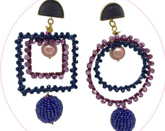 blue and pink earrings, different shape earrings, gypsy, boho, charming earrings, elegant earrings, designer earrings