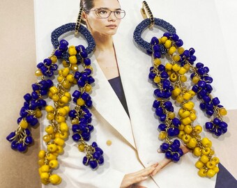 blue and yellow earrings, waterfall drop earrings, jewel wire earrings, fashion, trendy earrings, fashion jewelry, Valentine's Day gift
