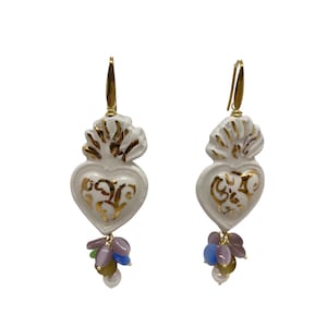 Sacred heart earrings, votive heart in ceramic, Italian baroque, sacred, boho, souvenir earrings, good luck, ex voto earrings