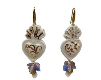 Sacred heart earrings, votive heart in ceramic, Italian baroque, sacred, boho, souvenir earrings, good luck, ex voto earrings
