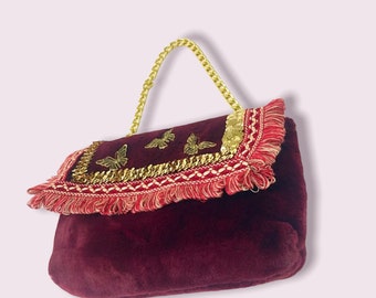 burgundy wine bag fur bag wedding shoulder bag handbag evening bag medium bag with butterfly italian bag red bag elegant dorat bag