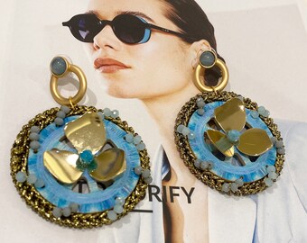 SICILIAN FOLKLORE, Italian wooden earrings, Sicilian wheel, typical Sicilian, gypsy, boho, charming earrings, blue jewel