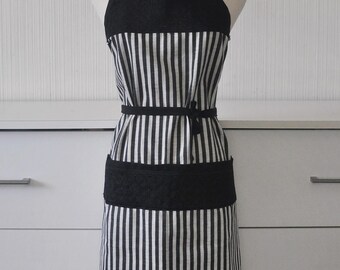 Hmong Embroidery Apron - Black and Dk Gray Stripes
