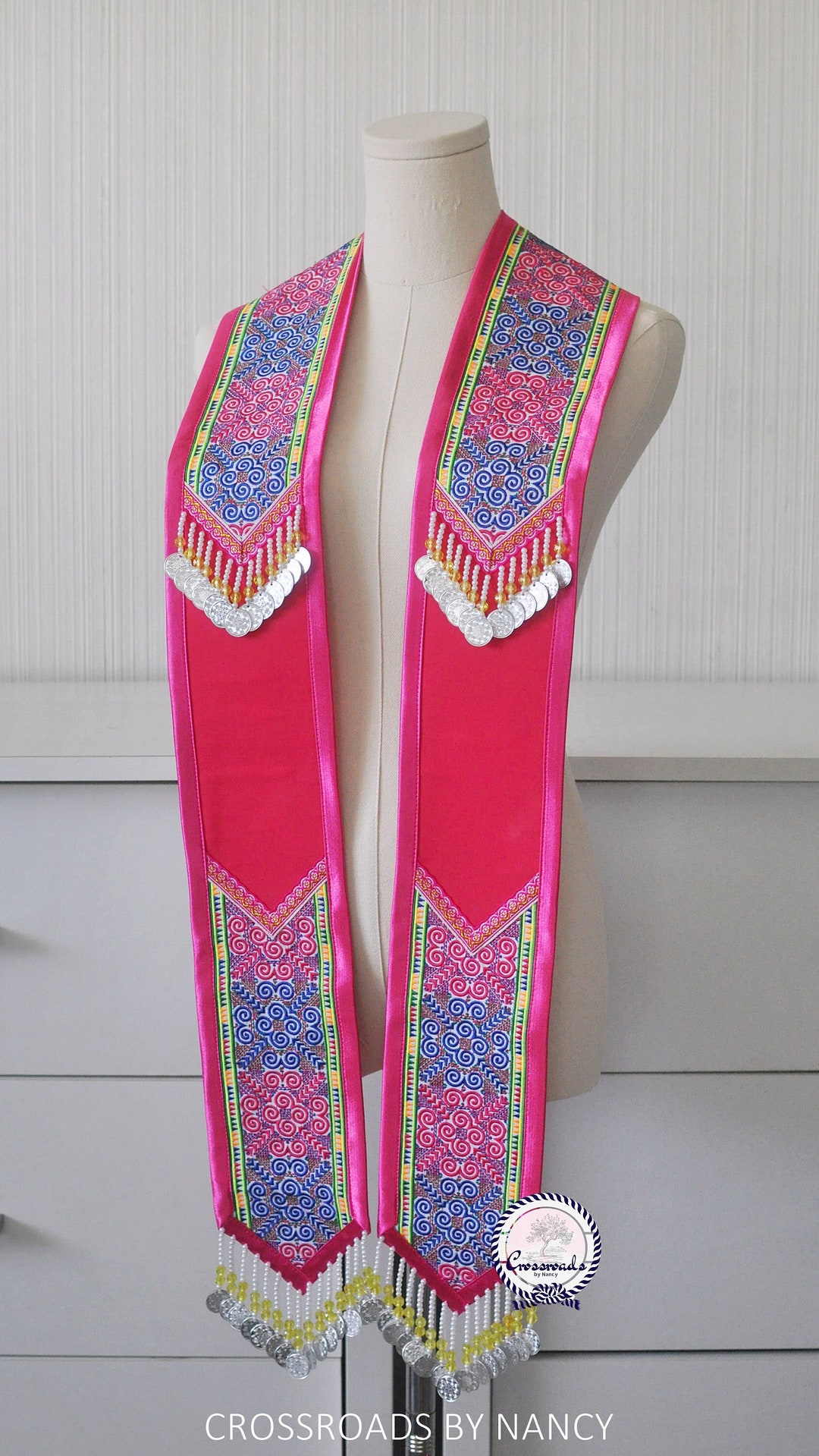 Hmong Embroidery Graduation Stole Pink and Blue Personalize With Your