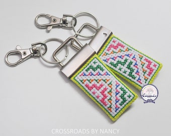 Cross-Stitched Hmong Pillow Key Chain - Traditional Pink & Green