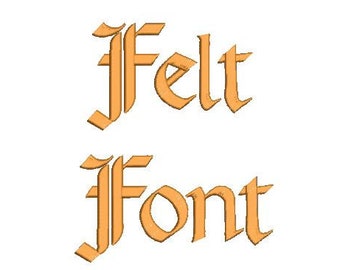 May include: Felt Font in a gold color. The word "Felt" is above the word "Font".