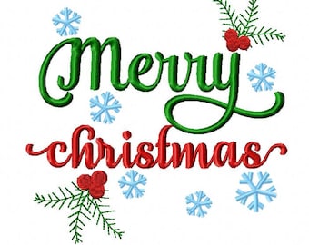 May include: A festive design with the words "Merry Christmas" in green and red script. The design includes snowflakes, sprigs of pine needles, and red berries, perfect for holiday-themed crafts and decorations.