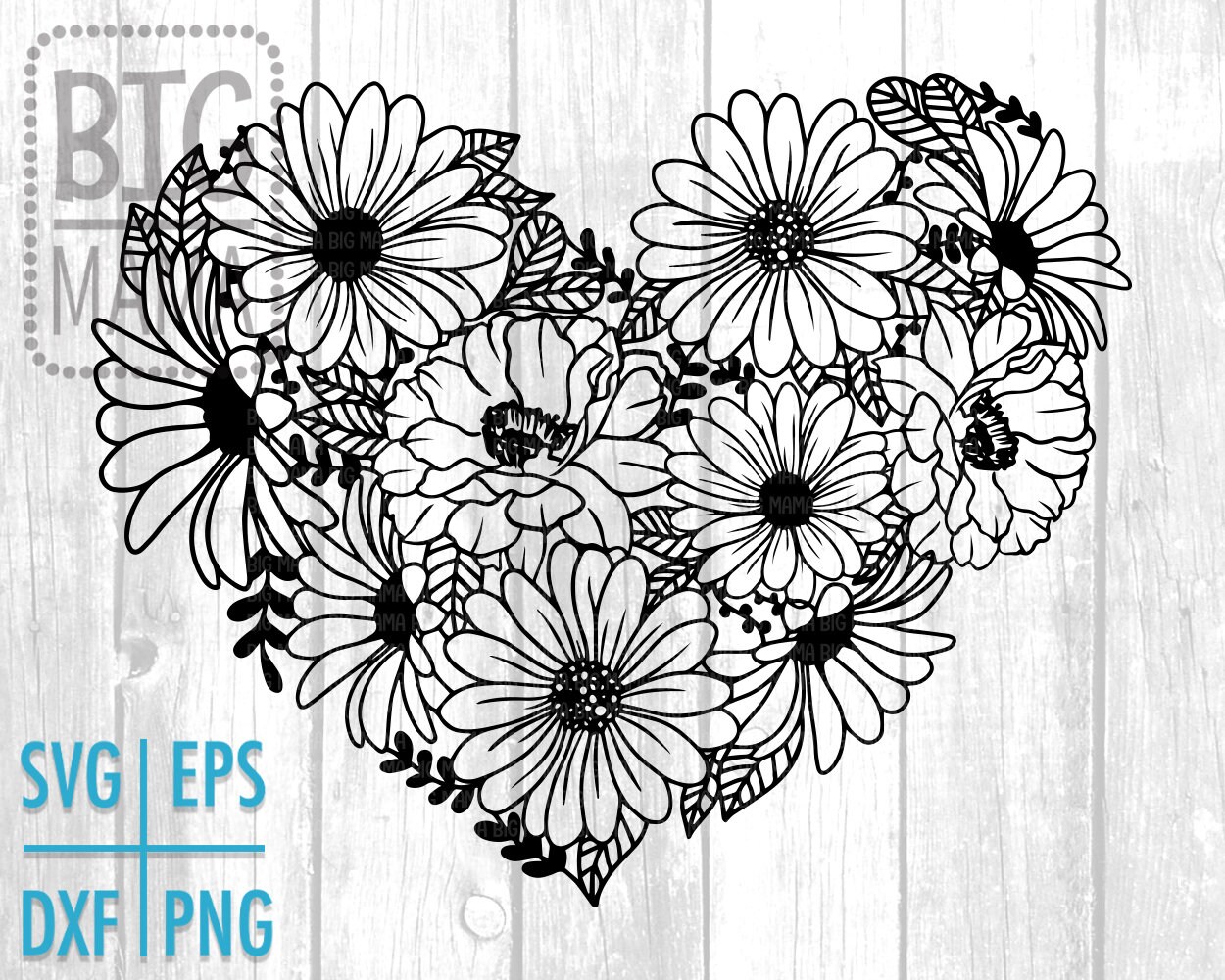 Flower Heart Svg, Daisy Bouquet, Floral Svg Eps Png Dxf, Svg Files for ...