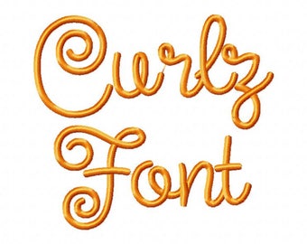 May include: A digital embroidery font design with the text "Curly Font" in a gold color.