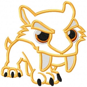 May include: A cartoon illustration of a sabre-toothed tiger with large, round eyes and sharp teeth. The tiger is outlined in gold and has a white body.
