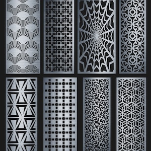 Pode incluir: Oito designs diferentes de corte a laser de metal para uma tela ou divisor. Os designs incluem padrões geométricos, uma teia de aranha e um padrão floral.
