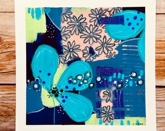 Original acrylic painting painting on watercolor paper 20 X 20cm flowers in blue 4