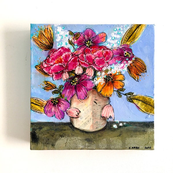 Tableau peinture acrylique originale sur châssis entoilé coton bouquet de fleurs 3