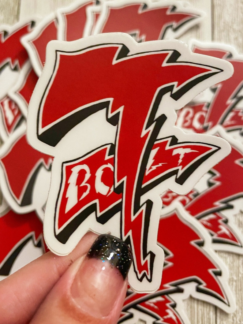 K&ouml;nnte beinhalten: Roter und schwarzer Aufkleber mit einem Blitz-Design und dem Wort "BOLT" in wei&szlig;en Buchstaben.