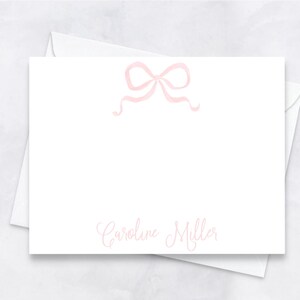 pink ribbon stationery, personalized note cards, illustrated bow, preppy bow flat thank you cards, watercolor custom stationery