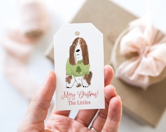 Personalized Holiday Gift Tags, watercolor bassett hound Christmas Tags, Custom Gift Tags, Gift Labels, Gift Enclosures, Christmas Gift