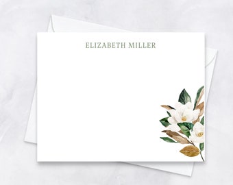 papeterie de magnolias aquarelle, cartes de notes plates de pot de gingembre, carte de note personnalisée pour la nouvelle mariée, notes de remerciement monogrammées, cadeau floral preppy