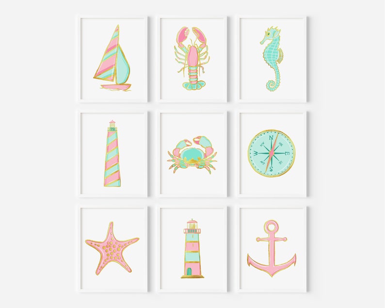 Set of 9 Pink and Mint Wall Art Lobster Light House Decor Etsy