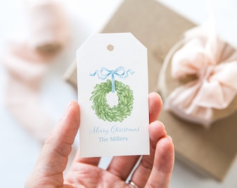 Personalized Holiday Gift Tags, Custom Gift Tags, Gift Labels, Gift Enclosure, watercolor magnolia wreath Christmas Tags, Christmas Gift