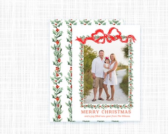 Preppy Photo Christmas Card, Watercolor Holiday Cards, Heirloom Southern Christmas, Personalized Grandmillennial Christmas Card,