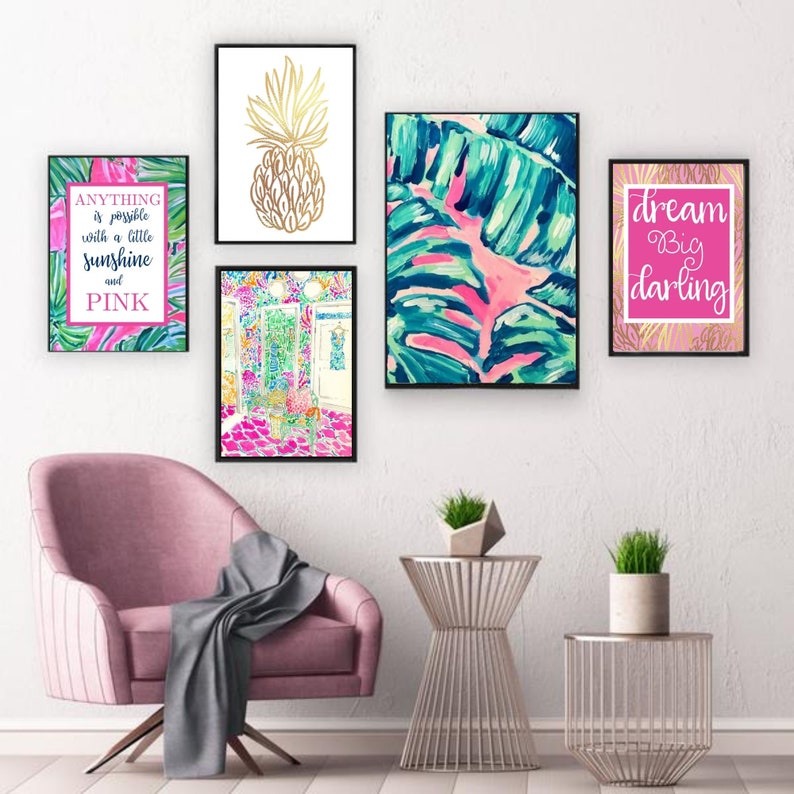 Palm Beach Decor Lilly Pulitzer Inspired Wall Art Set Of 5 Nursery Decoration Gold Pineapple Anything Is Possibl