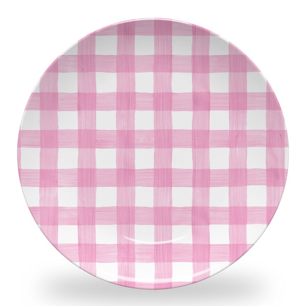 pink and white watercolor plates, preppy gingham Plates, wedding gift, grand millenial table,  to mom from daughter, chinoiserie style