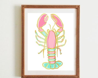 preppy lobster decor, palm beach decor art, nursery decor, gift for teacher, pink and gold lobster sign, gift for beach lover, coastal art