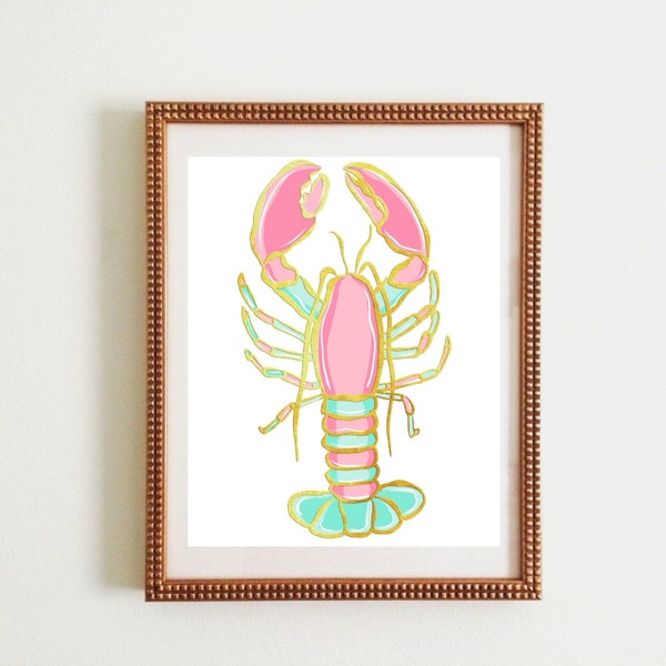 preppy lobster decor, palm beach decor art, nursery decor, gift for teacher, pink and gold lobster sign, gift for beach lover, coastal art