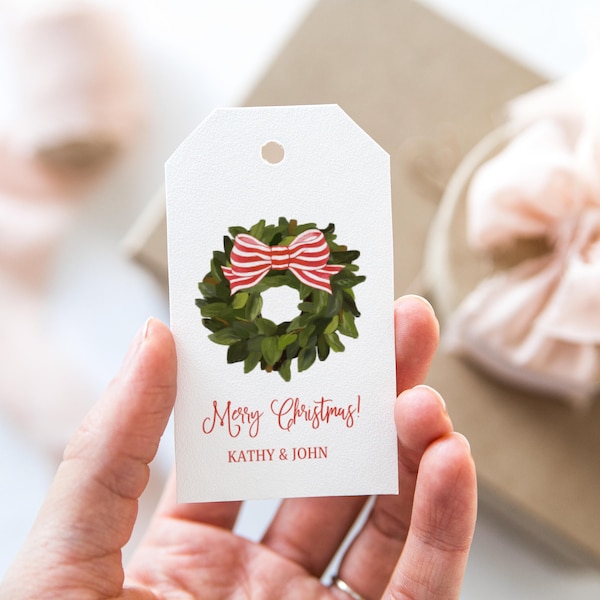 Personalized Holiday Gift Tags, Custom Gift Tags, Gift Labels, Gift Enclosure, watercolor magnolia wreath Christmas Tags, Christmas Gift