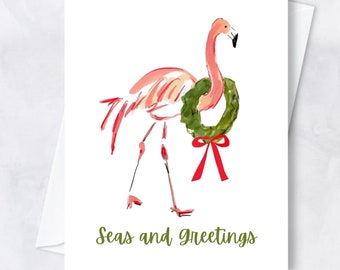 flamingo christmas card, seagull holiday card set, family beach cards, palm tree christmas tree card, beach card xmas, seas and greetings