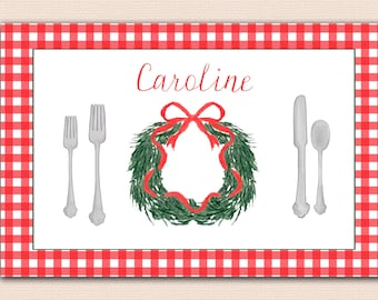 personalized christmas placemat for girl, personalized children placemat, laminated kids placemat, gift for kids, preppy reusable placemat