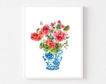 ginger jar geranium wall art, watercolor floral print, chinoiserie wall art, blue and white art, preppy floral geraniums, grand millennial