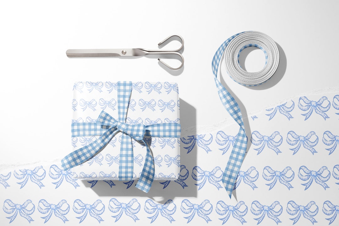 Watercolor Blue Bow Wrapping Paper, Nantucket Preppy Gift Wrap